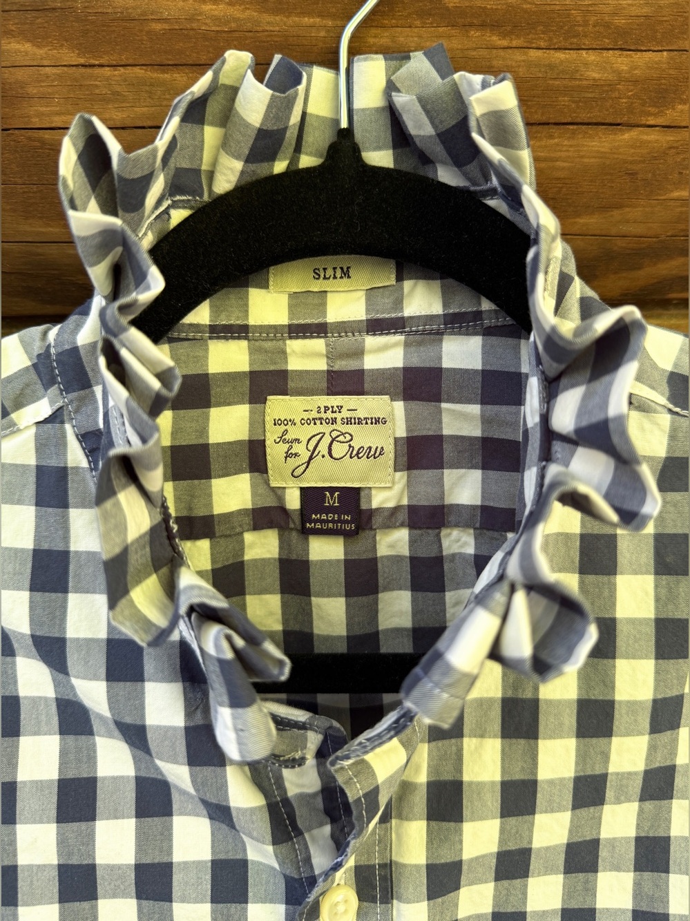 Upcycled J. Crew Navy and White Gingham Button-Down Shirt with Ruffle Neck - Picture 3 of 14